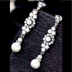 New Crystal Pearl Silver Wedding Chandelier Drop Earrings 🌷